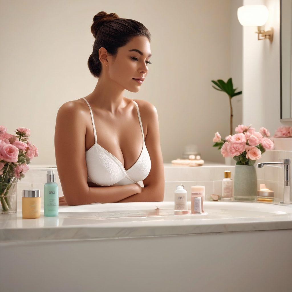 A serene bathroom scene featuring an elegant woman preparing for a skincare routine, showcasing various beauty products for bikini line care, with soft lighting and delicate floral accents. Add a hint of professionalism with a subtle MWU logo in the background. The atmosphere exudes relaxation and self-care. super-realistic. soft pastel colors. clean background.