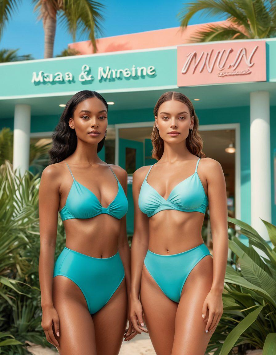 A serene beach scene featuring diverse women confidently showcasing their bikini lines, surrounded by nature. Elegant tropical plants in the background and a glimpse of the MWU Clinic sign subtly integrated into the setting. Soft sunlight illuminating their skin, emphasizing beauty and confidence. Teal and coral color palette enhancing the summer vibe. super-realistic. vibrant colors.